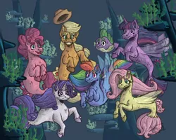 Size: 1280x1024 | Tagged: safe, artist:majozajo, derpibooru import, applejack, fluttershy, pinkie pie, rainbow dash, rarity, spike, twilight sparkle, twilight sparkle (alicorn), alicorn, earth pony, fish, pegasus, pony, puffer fish, seapony (g4), unicorn, my little pony: the movie, applejack's hat, cowboy hat, dorsal fin, eyelashes, female, fin wings, fish tail, flowing mane, flowing tail, hat, horn, image, jpeg, mane seven, mane six, no pupils, ocean, open mouth, seaponified, seapony applejack, seapony fluttershy, seapony pinkie pie, seapony rainbow dash, seapony rarity, seapony twilight, seaweed, smiling, species swap, spike the pufferfish, tail, underwater, unshorn fetlocks, water, wings