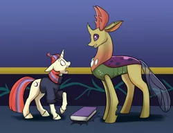 Size: 1000x769 | Tagged: safe, artist:foxenawolf, derpibooru import, moondancer, thorax, changedling, changeling, pony, unicorn, fanfic:off the mark, book, clothed pony, clothes, cutie mark, duo, female, image, king thorax, male, mare, open mouth, png, sweater