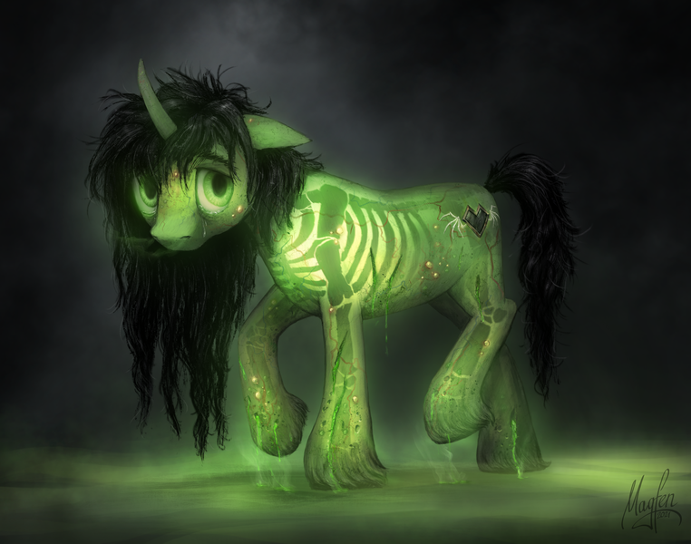 Size: 3300x2600 | Tagged: semi-grimdark, artist:magfen, derpibooru import, oc, unofficial characters only, pony, unicorn, body horror, fanfic art, image, png, solo