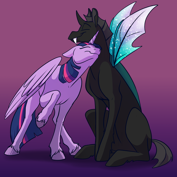 Size: 1000x1000 | Tagged: safe, artist:foxenawolf, derpibooru import, thorax, twilight sparkle, twilight sparkle (alicorn), alicorn, changeling, pony, fanfic:off the mark, cute, duo, eyes closed, female, gradient background, horn, image, male, nuzzling, png, shipping, sparkly wings, straight, thorabetes, twiabetes, twirax, unshorn fetlocks, wings