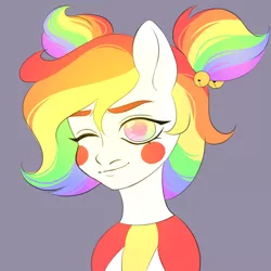 Size: 2000x2000 | Tagged: safe, artist:dollinna, derpibooru import, oc, oc:giggle grin, unofficial characters only, earth pony, pony, clown, face paint, female, gray background, image, mare, multicolored hair, one eye closed, png, rainbow hair, simple background, solo, wink