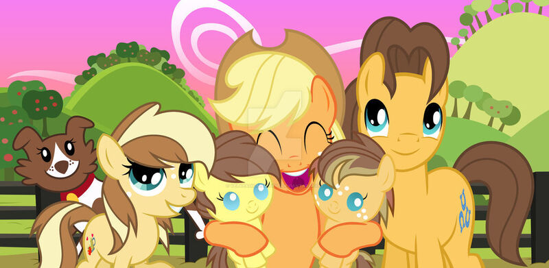 Size: 1024x501 | Tagged: safe, artist:velveagicsentryyt, derpibooru import, applejack, caramel, winona, oc, oc:apple flower, oc:apple pie, oc:appleseed, pony, baby, baby pony, carajack, female, filly, image, jpeg, male, offspring, parent:applejack, parent:caramel, parents:carajack, shipping, straight