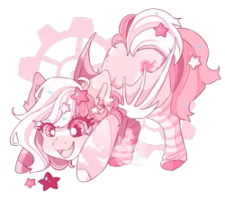 Size: 751x664 | Tagged: safe, artist:flufflymacaron, oc, oc:taffy, unofficial characters only, bat pony, pony, artfight, ass up, clothes, colored hooves, colored pupils, eye clipping through hair, eyebrows visible through hair, face down ass up, fangs, female, gears, happy, heart, heart eyes, image, looking down, mare, markings, open mouth, png, simple background, smiling, socks, stars, transparent background, wingding eyes