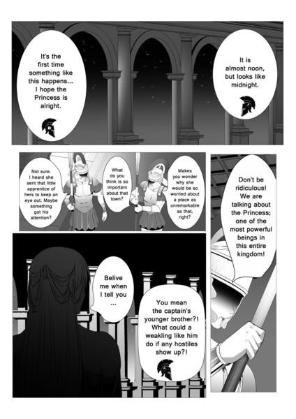 Size: 1280x1811 | Tagged: safe, artist:0ryomamikado0, derpibooru import, oc, oc:spell nexus, human, comic:doki doki harmony, comic, dialogue, guard, humanized, image, jpeg, monochrome, night, spear, weapon