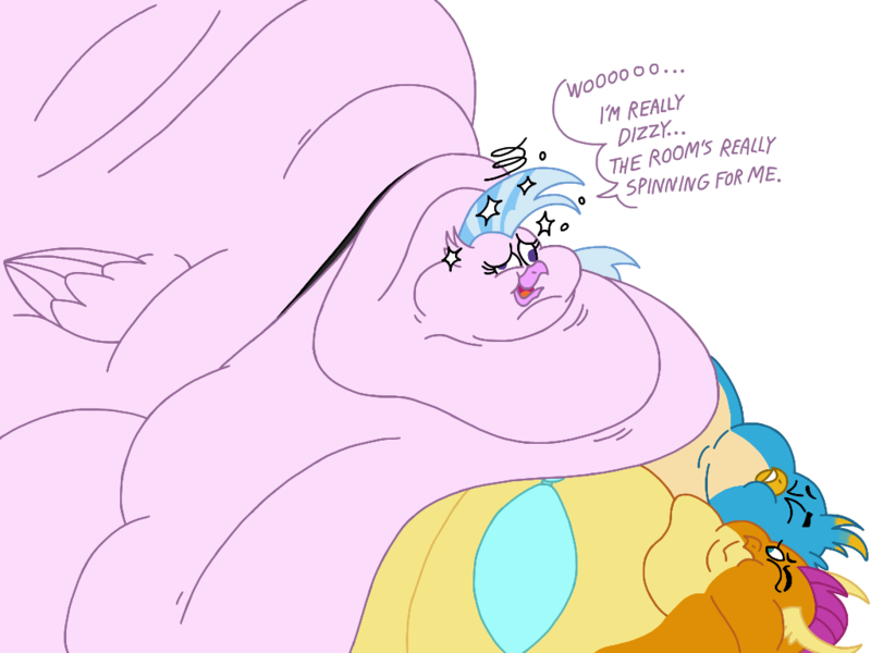 Size: 1024x768 | Tagged: suggestive, artist:jamesawilliams1996, artist:princebluemoon3, color edit, derpibooru import, edit, gallus, silverstream, smolder, dragon, gryphon, hippogriff, series:silverstream learns she's too thick, belly, bhm, big belly, bingo wings, blob, breasts, clothes, colored, dialogue, dizzy, double chin, dragoness, eyes closed, fat, fat boobs, female, flabbus, gritted teeth, huge belly, image, impossibly large belly, large belly, laughing, male, morbidly obese, neck roll, obese, one eye closed, png, pulling, pulling out, rolls of fat, sblobder, silverblob, squishy, swimsuit, weight gain, wings