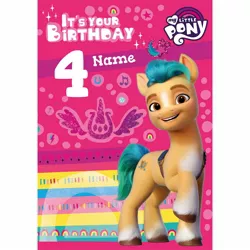 Size: 1500x1500 | Tagged: safe, derpibooru import, official, hitch trailblazer, earth pony, pony, abstract background, birthday card, card, g5, image, jpeg, male, merchandise, my little pony logo, solo, stallion, text