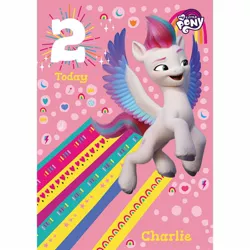 Size: 1500x1500 | Tagged: safe, derpibooru import, official, zipp storm, pegasus, pony, abstract background, birthday card, card, female, g5, image, jpeg, mare, merchandise, my little pony logo, solo, text