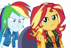 Size: 2289x1556 | Tagged: safe, derpibooru import, edit, edited screencap, screencap, rainbow dash, sunset shimmer, equestria girls, equestria girls series, holidays unwrapped, super squad goals, spoiler:eqg series (season 2), angry, background removed, image, jpeg, rage, ragebow dash, rainbow dash is not amused, simple background, smugset shimmer, unamused, white background