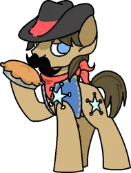 Size: 1191x1563 | Tagged: safe, artist:skookz, derpibooru import, sheriff silverstar, earth pony, pony, badge, bandana, clothes, facial hair, food, hat, image, male, moustache, pie, png, serious, simple background, solo, stallion, transparent background, vest
