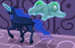 Size: 1000x636 | Tagged: suggestive, artist:foxenawolf, derpibooru import, princess luna, oc, oc:long path, alicorn, earth pony, pony, fanfic:quantum gallop, beard, canon x oc, duo, ethereal mane, facial hair, fanfic art, image, levitation, looking back, magic, png, starry mane, telekinesis, this will end in snu snu, wings