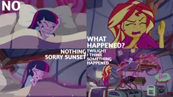 Size: 1280x720 | Tagged: safe, derpibooru import, edit, edited screencap, editor:quoterific, screencap, sci-twi, spike, sunset shimmer, twilight sparkle, dog, equestria girls, legend of everfree, bed, clothes, eyes closed, female, image, magic, open mouth, pajamas, pillow, png, spike the dog, telekinesis