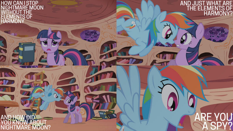 Size: 1280x720 | Tagged: safe, derpibooru import, edit, edited screencap, editor:quoterific, screencap, rainbow dash, twilight sparkle, pegasus, pony, unicorn, friendship is magic, season 1, book, female, flying, golden oaks library, image, jpeg, library, mare, unicorn twilight