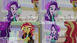 Size: 1280x720 | Tagged: safe, derpibooru import, edit, edited screencap, editor:quoterific, screencap, starlight glimmer, sunset shimmer, equestria girls, mirror magic, spoiler:eqg specials, clothes, female, food, geode of empathy, ice cream, image, jacket, jewelry, leather, leather jacket, magical geodes, necklace, open mouth, png, that human sure does love ice cream
