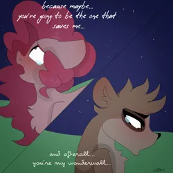 Size: 1280x1280 | Tagged: safe, artist:moodi, derpibooru import, pinkie pie, earth pony, pony, raccoon, blushing, crossover, crossover shipping, duo, image, png, regular show, rigby, rigbypie, shipping, why, wonderwall