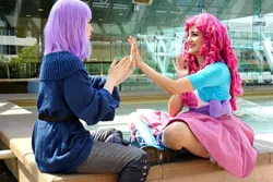 Size: 720x480 | Tagged: safe, artist:littlemissbloo, artist:sarahndipity cosplay, derpibooru import, maud pie, pinkie pie, human, bronycon, bronycon 2015, equestria girls, clothes, cosplay, costume, image, irl, irl human, jpeg, pattycakes, photo