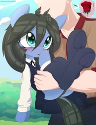 Size: 1932x2500 | Tagged: safe, artist:an-m, derpibooru import, oc, oc:reflect decrypt, earth pony, human, blushing, carrying, clothes, earth pony oc, faceless male, female, flower, green eyes, image, jpeg, male, offscreen character, open mouth, outdoors, school uniform, socks, stockings, thigh highs