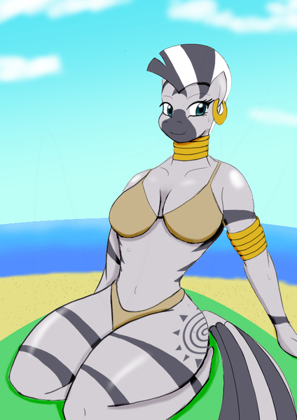 Size: 595x842 | Tagged: suggestive, artist:afhybrid, derpibooru import, zecora, anthro, zebra, beach, belly button, bikini, breasts, busty zecora, clothes, female, image, jpeg, ocean, sky, smiling, solo, solo female, swimsuit, towel