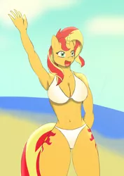 Size: 595x842 | Tagged: suggestive, artist:afhybrid, derpibooru import, sunset shimmer, anthro, unicorn, beach, belly button, bikini, both cutie marks, breasts, busty sunset shimmer, clothes, female, image, jpeg, ocean, solo, solo female, swimsuit, waving