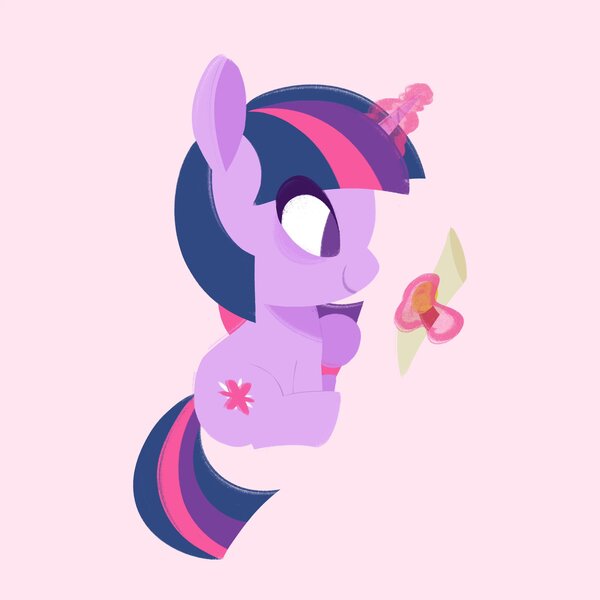 Size: 2048x2048 | Tagged: safe, artist:ethereanunicorn, derpibooru import, twilight sparkle, pony, unicorn, chibi, female, image, jpeg, magic, mare, no pupils, pink background, scroll, simple background, sitting, solo, telekinesis, unicorn twilight