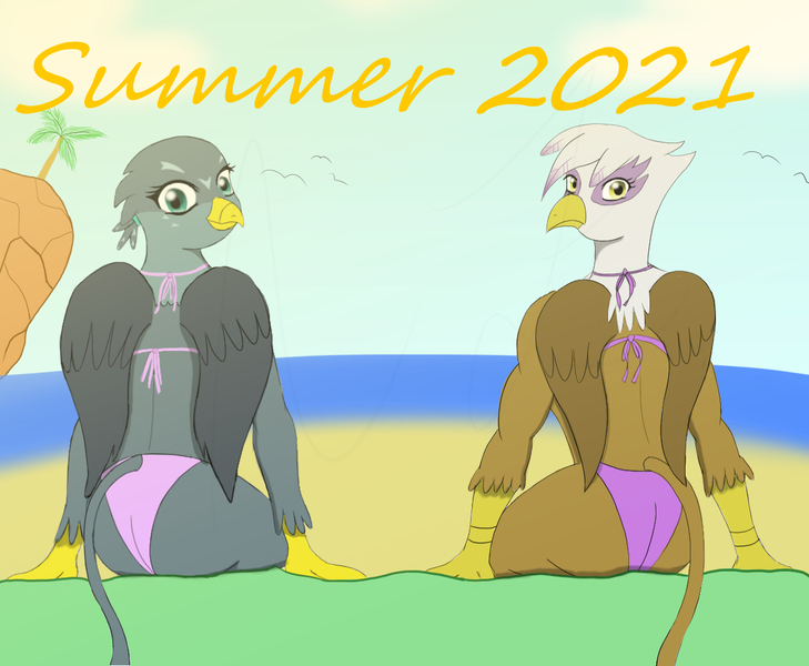 Size: 1224x1008 | Tagged: suggestive, artist:afhybrid, derpibooru import, gabby, gilda, anthro, gryphon, beach, bikini, clothes, female, females only, gildonk, image, jpeg, looking at you, looking back, looking back at you, ocean, swimsuit