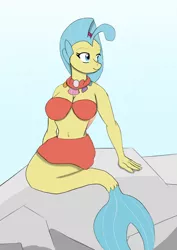 Size: 595x842 | Tagged: suggestive, artist:afhybrid, derpibooru import, princess skystar, anthro, seapony (g4), my little pony: the movie, bikini, breasts, busty princess skystar, clothes, female, image, jpeg, rock, sarong, shell necklace, smiling, solo, solo female, swimsuit