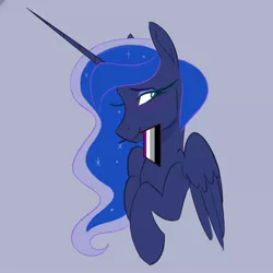 Size: 2048x2048 | Tagged: safe, artist:ethereanunicorn, derpibooru import, princess luna, alicorn, pony, asexual pride flag, blue background, bust, female, headcanon, image, jpeg, looking sideways, mare, mouth hold, pride, pride flag, sexuality headcanon, simple background, smiling, solo