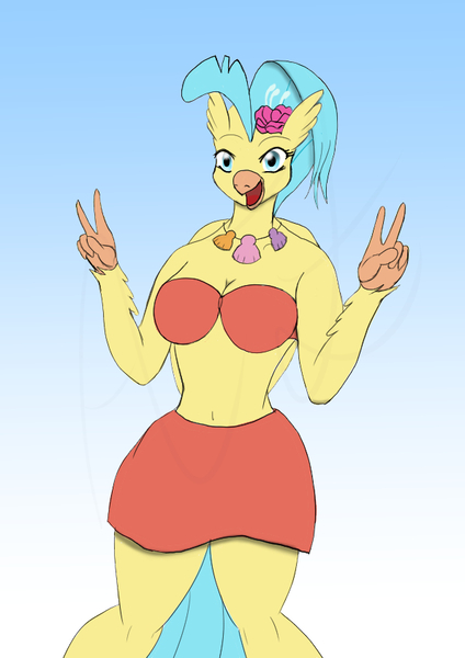Size: 595x842 | Tagged: suggestive, artist:afhybrid, derpibooru import, princess skystar, anthro, hippogriff, my little pony: the movie, bikini, breasts, busty princess skystar, clothes, female, image, jpeg, peace sign, sarong, shell necklace, smiling, solo, solo female, swimsuit
