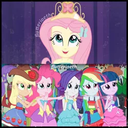 Size: 600x600 | Tagged: safe, derpibooru import, edit, edited screencap, editor:flutteriaeth, screencap, applejack, fluttershy, pinkie pie, rainbow dash, rarity, sci-twi, twilight sparkle, equestria girls, equestria girls (movie), bare shoulders, belt, clothes, cowboy hat, crown, cute, cutie mark, cutie mark on clothes, element of kindness, fall formal outfits, female, hairpin, hat, humane five, humane six, image, jewelry, jpeg, male, open mouth, regalia, shyabetes, sleeveless, smiling, twilight ball dress