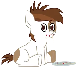 Size: 3000x2648 | Tagged: safe, artist:funnystargalloper, derpibooru import, pipsqueak, earth pony, pony, clip studio paint, colt, derpibooru exclusive, image, looking at you, male, pipsqueak eating spaghetti, plate, png, simple background, sitting, solo, transparent background