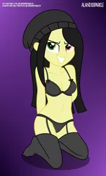 Size: 6299x10433 | Tagged: suggestive, artist:alandssparkle, derpibooru import, oc, oc:rose shadow, equestria girls, beanie, belly button, black underwear, bra, breasts, clothes, derpibooru exclusive, female, garters, gradient background, hands behind back, hat, image, kneeling, lingerie, looking at you, panties, png, signature, simple background, smiling, smirk, socks, solo, stockings, thigh highs, underwear