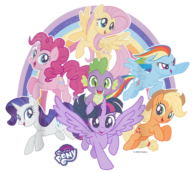 Size: 900x800 | Tagged: safe, derpibooru import, official, applejack, fluttershy, pinkie pie, rainbow dash, rarity, spike, twilight sparkle, twilight sparkle (alicorn), alicorn, dragon, earth pony, pegasus, pony, unicorn, design, female, g4, image, male, mane seven, mane six, mare, merchandise, my little pony logo, png, rainbow, shirt design, simple background, text, transparent background