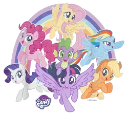 Size: 900x800 | Tagged: safe, derpibooru import, official, applejack, fluttershy, pinkie pie, rainbow dash, rarity, spike, twilight sparkle, twilight sparkle (alicorn), alicorn, dragon, earth pony, pegasus, pony, unicorn, design, female, g4, image, male, mane seven, mane six, mare, merchandise, my little pony logo, png, rainbow, shirt design, simple background, text, transparent background