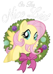 Size: 750x1050 | Tagged: safe, derpibooru import, official, fluttershy, pegasus, pony, bauble, bow, christmas ornament, christmas wreath, decoration, design, female, g4, image, mare, merchandise, png, shirt design, simple background, solo, stars, text, transparent background, wreath