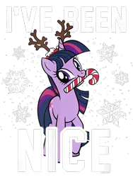 Size: 600x800 | Tagged: safe, derpibooru import, official, twilight sparkle, pony, unicorn, antlers, candy, candy cane, design, female, food, g4, image, mare, merchandise, mouth hold, png, reindeer antlers, shirt design, simple background, solo, text, transparent background, unicorn twilight