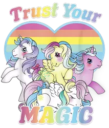 Size: 850x1000 | Tagged: safe, derpibooru import, official, glory, skydancer, twilight (g1), pegasus, pony, unicorn, design, female, g1, heart, image, mare, merchandise, png, pride flag, rainbow, shirt design, simple background, text, transparent background, trio