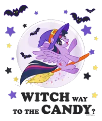 Size: 800x950 | Tagged: safe, derpibooru import, official, twilight sparkle, twilight sparkle (alicorn), alicorn, bat, pony, broom, design, female, flying, flying broomstick, full moon, g4, halloween, hat, holiday, image, mare, merchandise, moon, png, shirt design, simple background, stars, text, transparent background, witch, witch hat