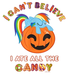 Size: 800x900 | Tagged: safe, derpibooru import, official, rainbow dash, pegasus, pony, candy, design, eyes closed, female, food, g4, halloween, holiday, image, jack-o-lantern, mare, merchandise, png, pumpkin, shirt design, simple background, sleeping, solo, text, transparent background