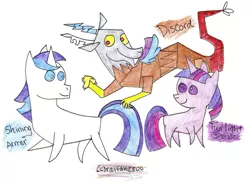 Size: 1745x1276 | Tagged: safe, artist:thebestbadnewz, derpibooru import, discord, shining armor, twilight sparkle, draconequus, pony, unicorn, crayon drawing, image, jpeg, name, namesake, pun, simple background, traditional art, unicorn twilight, visual pun, white background