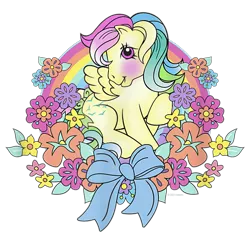 Size: 650x650 | Tagged: safe, derpibooru import, official, skydancer, pegasus, pony, blushing, bow, design, female, flower, g1, image, mare, merchandise, png, shirt design, simple background, solo, text, transparent background, wreath