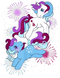 Size: 700x900 | Tagged: safe, derpibooru import, official, blue belle, glory, earth pony, pony, unicorn, 4th of july, design, duo, female, fireworks, g1, holiday, image, mare, merchandise, png, shirt design, simple background, text, transparent background