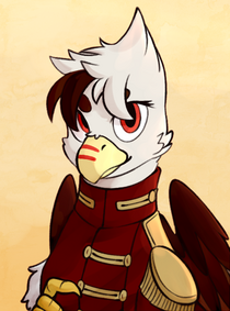 Size: 210x283 | Tagged: safe, artist:bunnyshrubby, derpibooru import, oc, oc:vermilion brightwing, unofficial characters only, gryphon, equestria at war mod, bust, clothes, epaulettes, eyelashes, griffon oc, image, military uniform, png, portrait, red eyes, simple background, uniform, wings