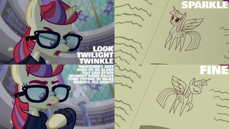 Size: 1280x720 | Tagged: safe, derpibooru import, edit, edited screencap, editor:quoterific, screencap, moondancer, twilight sparkle, twilight sparkle (alicorn), alicorn, pony, unicorn, amending fences, season 5, eyes closed, female, glasses, image, jpeg, mare, open mouth