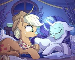 Size: 1600x1280 | Tagged: safe, derpibooru import, applejack, rarity, female, image, jpeg, lavender, lesbian, magic, magic aura, mud mask, older, older applejack, older rarity, pillow, rarijack, shipping, sleepover