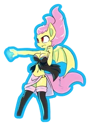 Size: 1175x1650 | Tagged: safe, artist:afkregen, derpibooru import, fluttershy, anthro, bat pony, unguligrade anthro, bat ponified, bat wings, belly button, breasts, busty fluttershy, clothes, digital art, dress, female, flutterbat, image, png, race swap, simple background, socks, solo, solo female, spread wings, stockings, tail, thigh highs, thighs, transparent background, wings