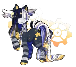 Size: 735x649 | Tagged: safe, artist:flufflymacaron, oc, oc:belle, unofficial characters only, earth pony, pony, artfight, bell, braid, colored hooves, female, gears, hair over eyes, image, mare, markings, one hoof raised, png, simple background, smiling, sparkles, standing, stars, stripes, transparent background, wings, wings on head
