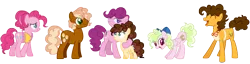 Size: 8444x2160 | Tagged: safe, artist:gallantserver, derpibooru import, cheese sandwich, pinkie pie, oc, oc:cocoa puff, oc:jelly sandwich, oc:key lime pie, oc:puff pastry, pegasus, pony, absurd resolution, cheesepie, female, filly, image, male, mare, offspring, parent:cheese sandwich, parent:pinkie pie, parents:cheesepie, png, shipping, simple background, straight, transparent background