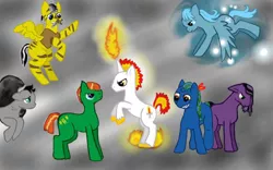 Size: 800x500 | Tagged: safe, artist:mdragonflame, derpibooru import, oc, unofficial characters only, earth pony, pegasus, pony, unicorn, earth pony oc, flying, group, horn, image, jpeg, pegasus oc, rearing, unicorn oc, wings