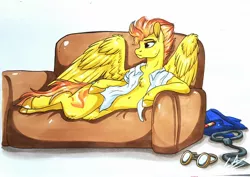 Size: 2048x1446 | Tagged: safe, artist:lupiarts, derpibooru import, spitfire, pegasus, pony, clothes, couch, goggles, image, jpeg, necktie, shirt, simple background, solo, spib, traditional art