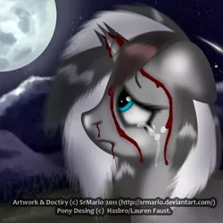 Size: 1500x1500 | Tagged: grimdark, artist:srmario, derpibooru import, oc, unofficial characters only, pony, unicorn, blood, broken horn, crying, eyelashes, female, full moon, horn, image, mare, moon, night, png, signature, solo, stars, unicorn oc