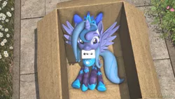 Size: 1920x1080 | Tagged: safe, artist:christian69229, derpibooru import, oc, oc:lulu star moonie, unofficial characters only, alicorn, pony, 3d, alicorn oc, bow, box, cardboard box, clothes, crown, horn, image, jewelry, letter, looking at you, not luna, png, pony in a box, regalia, socks, solo, source filmmaker, striped socks, wings